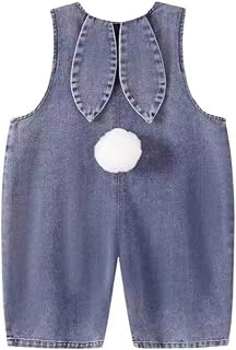 Toddler Baby Easter Outfit Overall Pants Boy Girl Bunny Ear Denim Romper with Pom Pom Tail Jeans Jumpsuit
