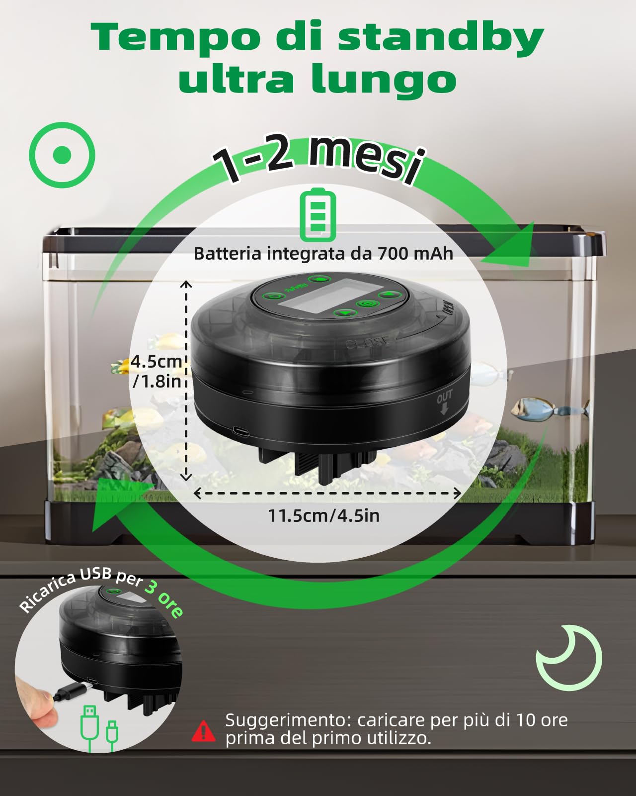 Papettly Mangiatoia Automatica Acquario - Distributore Automatico Cibo Pesci per Acquario per Rossi e Tartarughe con Cavo USB e Display LCD, Mangiatoia Pesci con Timer e Cucchiaio per Pesci
