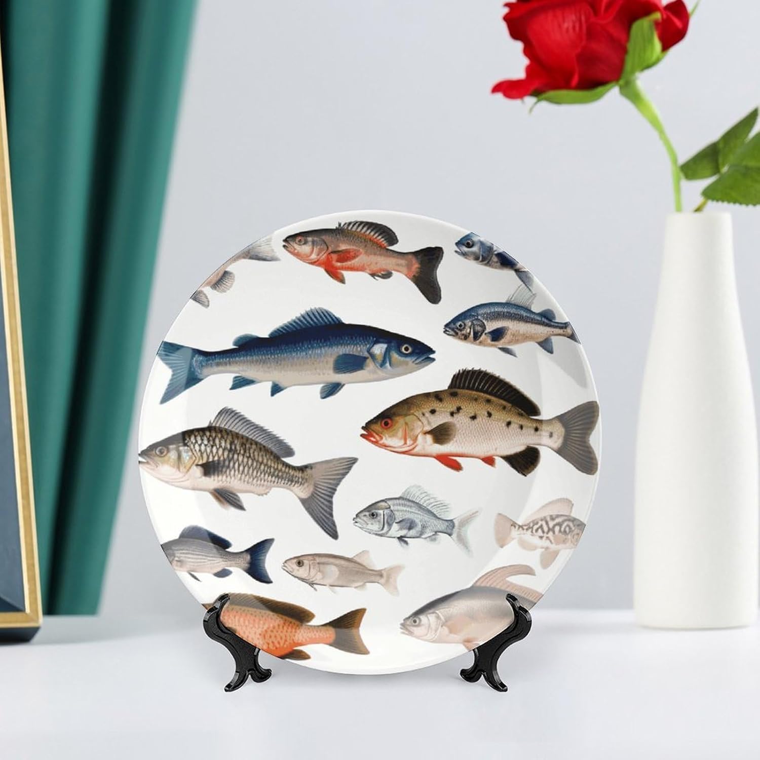Different Fish Bone China Decorative Plate with Display Stand, Ceramic Ornaments Plate for Wall Hanging, Personalized Porcelain Plates for Office, Living Room 8inch