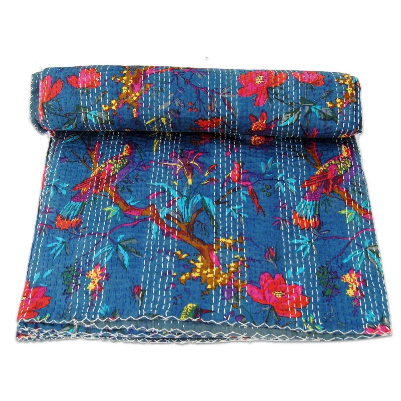 Fortune Creation Double Bed Katha Work Hand Stitched Double Thick bedsheets Bed Cover (Size: 90×108)-image-24