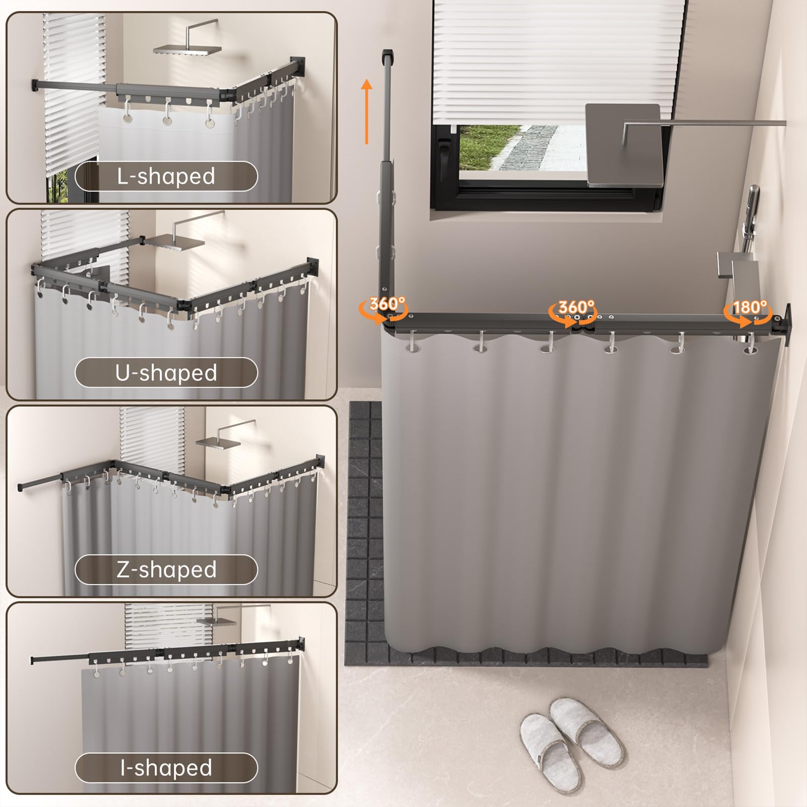 Rideau de douche pliable avec tringle à rideau de douche, colle de montage sans clou/perçage avec une perceuse, fonction réglable en angle L/U, rideau de douche imperméable, 4 plis gris