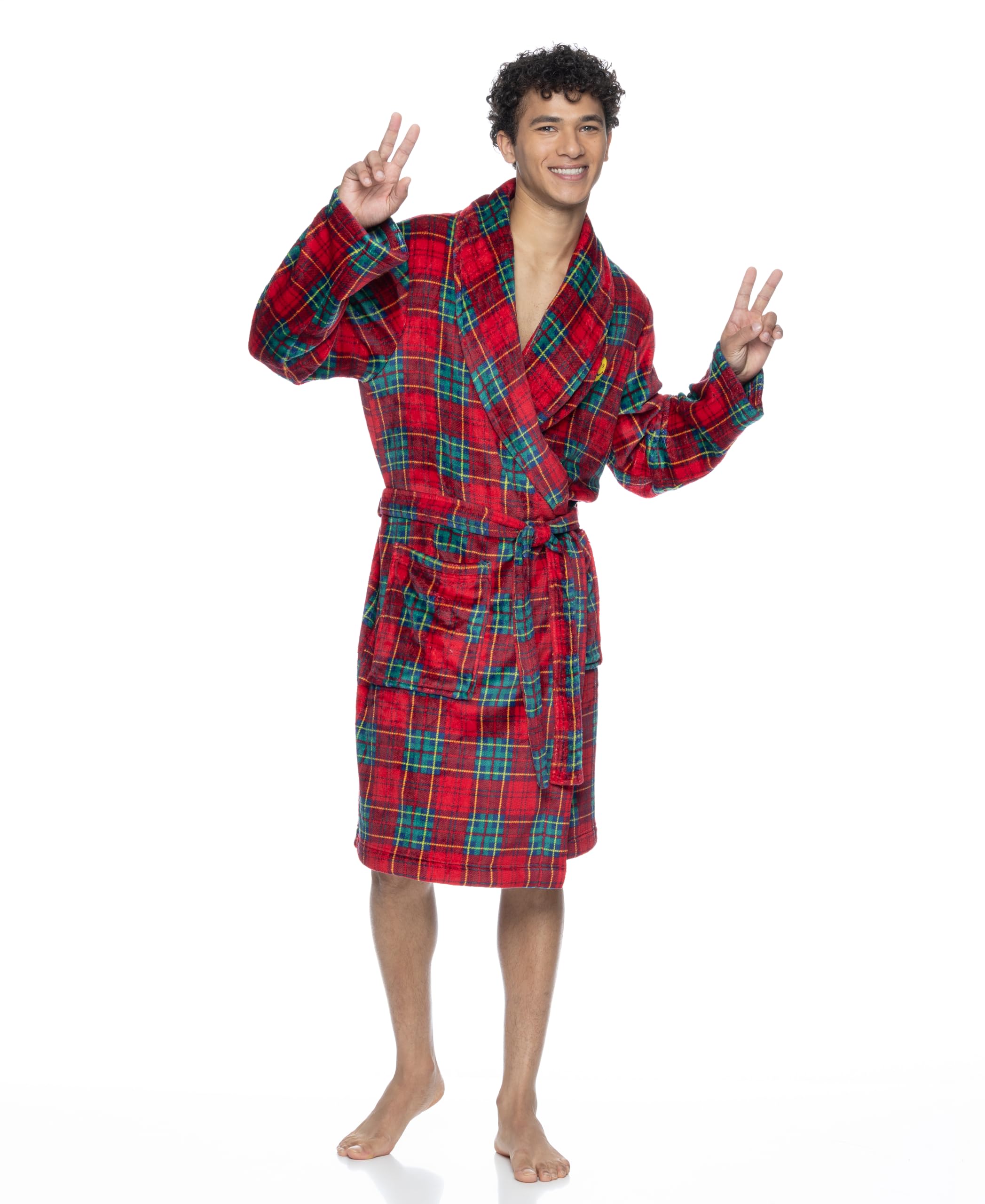 JOE BOXER Men Tartan Plaid Plush Robe - Bathrobes for Men (Deep Red, One Size)