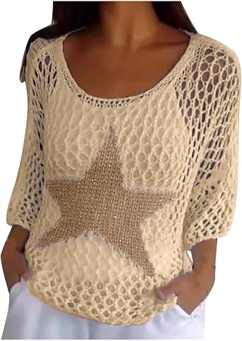Vintage Star Knit Crochet Sweater Tops Casual Round Neck Long Sleeve Tunic Tops Y2k Grunge Streetwear Jumper Blouse
