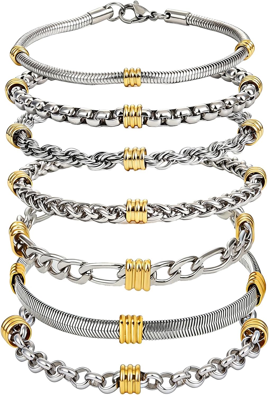 ZhiRui 6 Pcs Men's 316 Stainless Steel Bracelet Set - 8.2 Inch (21cm) Silver & Gold Stackable Waterproof Non-Slip Wristbands, Ideal Valentine's Day & Father's Day Gift for Men