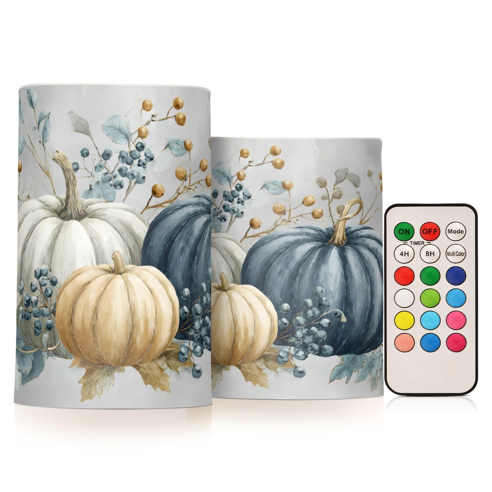 ALAZA Thanksgiving Fall Autumn Pumpkin Blues Flickering Flameless Candles Battery Operated with Remote Timer,Tea Light Candles LED Pillar Votive Candles Set of 2 for Outdoor Indoor Decorations