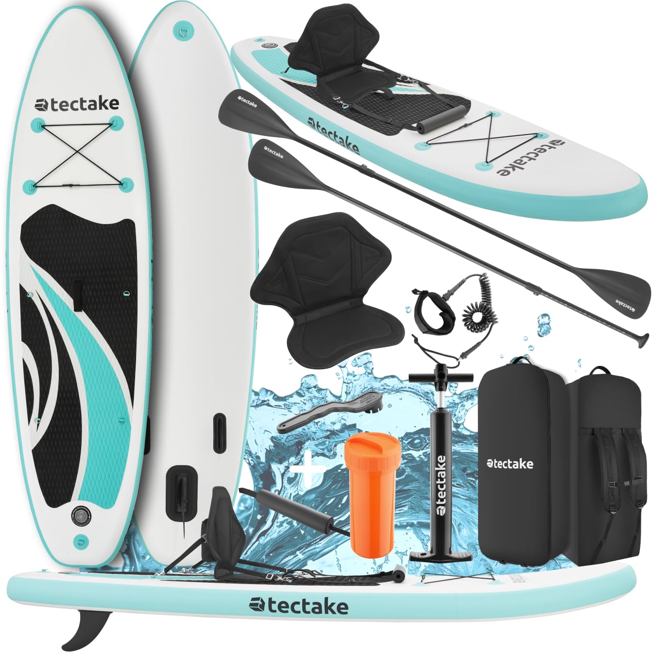 tectake® Tabla de Paddle Surf Hinchable, Incluye Remo 2 en 1, Asiento de Kayak, Bomba de Aire, Mochila de Transporte, Stand Up Paddle, Accesorios Paddle Surf, Padel Surf Hinchable