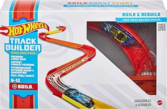 Set de pista de autos de juguete Hot Wheels, constructor de pistas con juego de construcción ilimitado, paquete de curvas premium, 16 piezas y vehículo a escala 1:64