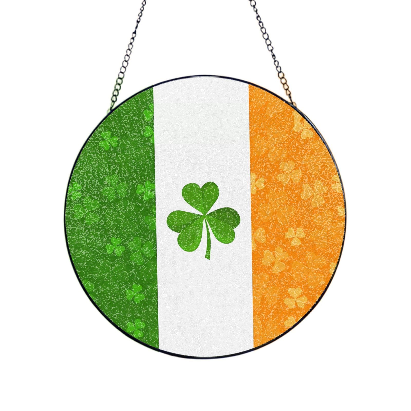 Phayah Irish Flag Print Glass Window Hanging Round Suncatcher Glass Ornament Garden Wall Fence Decorations Indoor Outdoor 10in（25cm）