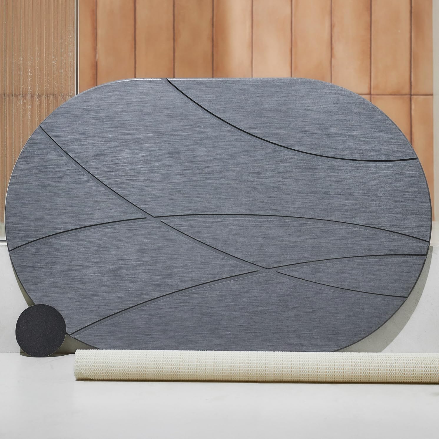 SOLACEA Oval Stone Bath Mat, 23.7 x 15.4 inches, Quick Dry & Non-Slip Diatomaceous Earth Bath Mat for Bathroom and Kitchen (Grey)