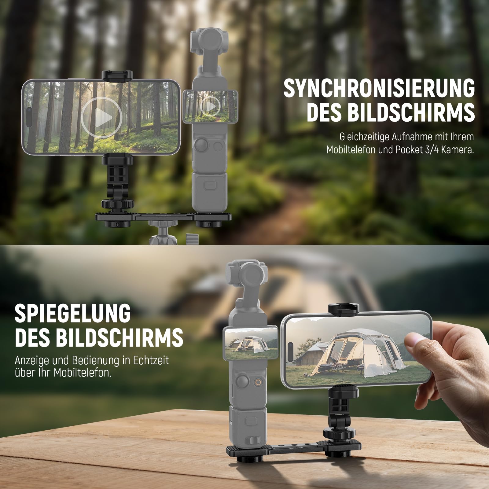 NEEWER Smartphone Halterung kompatibel mit DJI Osmo Pocket 4 & Pocket 3, Professionelle Handyhalterung mit 1/4" Gewinde & Kaltblitzschuh für Stativ, Verlängerungsstange, Videolicht, Mikrofon, AC021