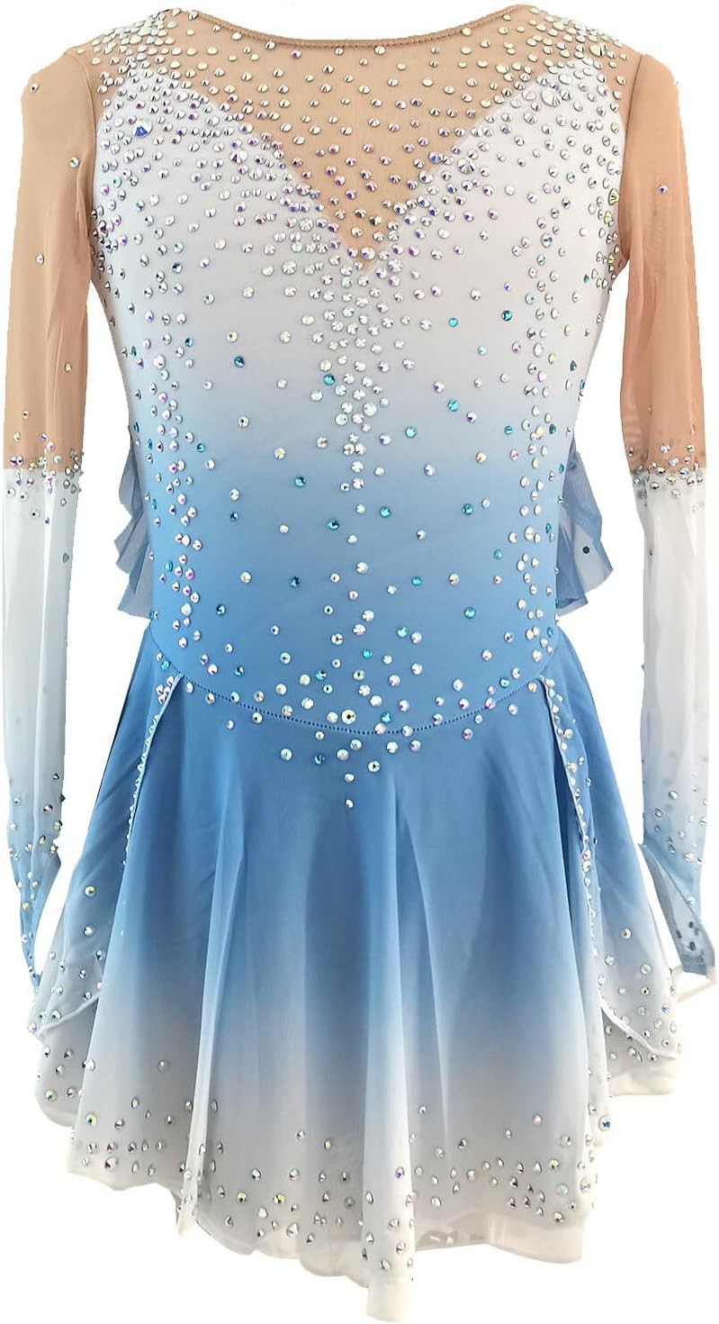 Girl Light Blue Gradient Long Sleeve Sparkling Figure Skating Dress Customized Competition Costume