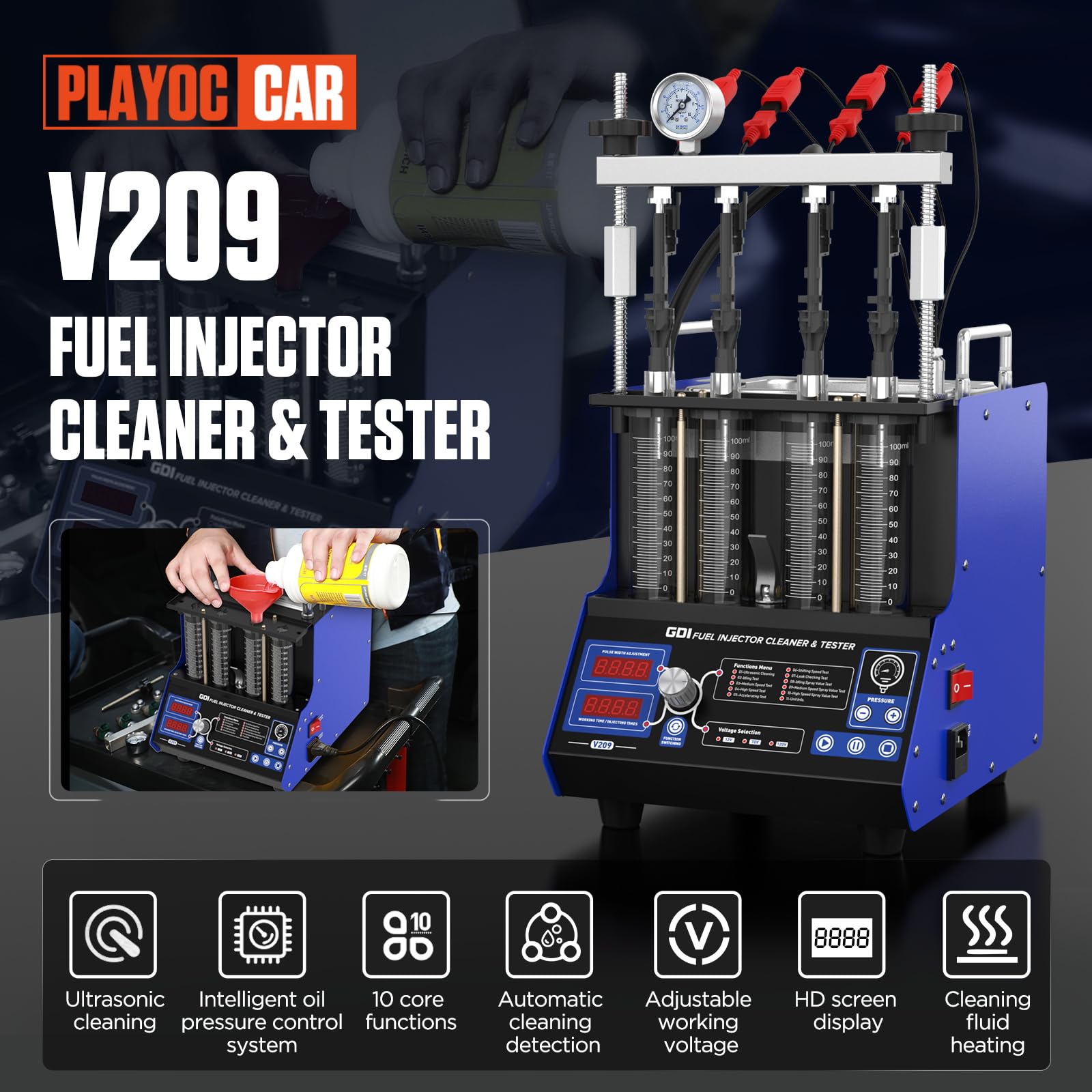 PLAYOCCAR Máquina limpiadora de inyector de Combustible, 220V Limpiador y probador de inyector de Combustible 2 en 1, Limpiador de inyector de Combustible ultrasónico con 9 Funciones de Prueba (V209)