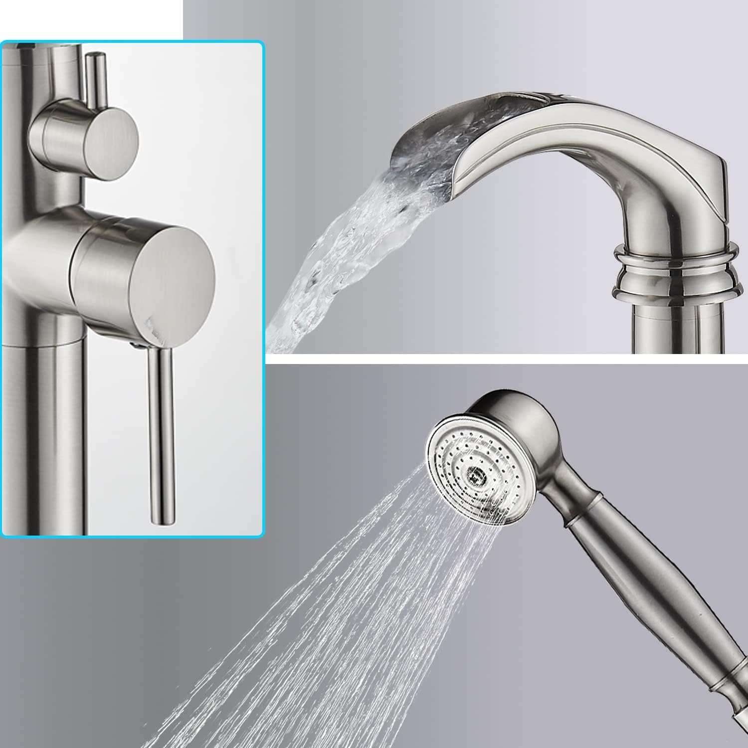 Senlesen Brushed Nickel Bathroom Single Handle Freestanding Bathtub Faucet Floor Mounted Waterfall Tub Filler with Hand Shower Set - Image 4