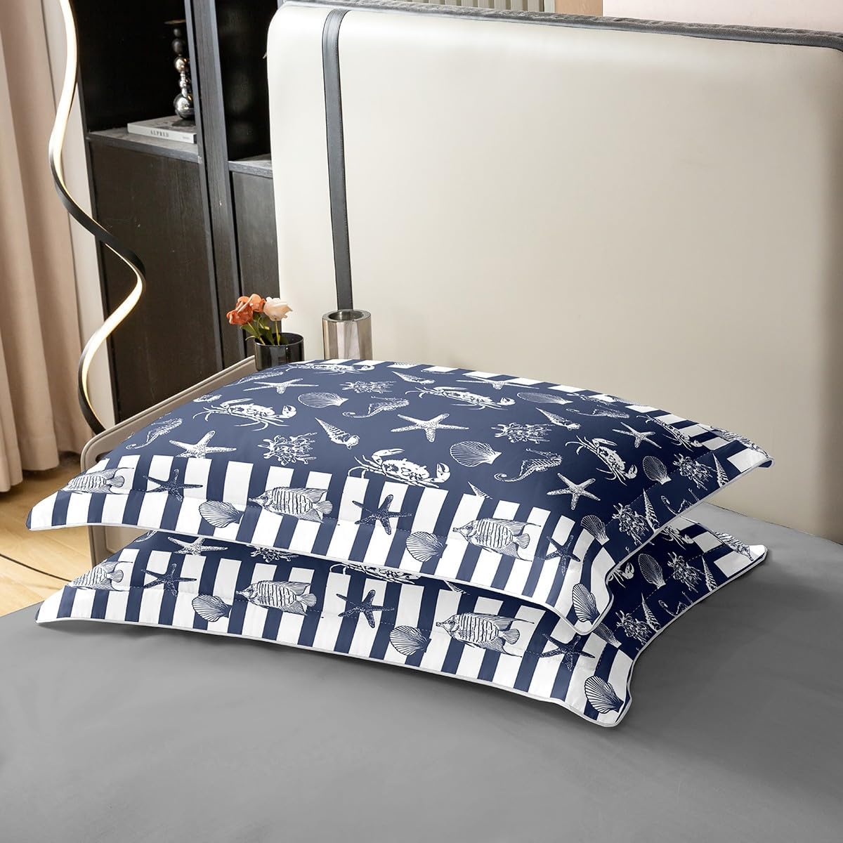 jejeloiu Ocean Theme 100% Cotton Duvet Cover,Marine Life Sealife Bedding Set King Size,Navy Blue White Geometric Stripes Bedroom Home Decor,Summer Hawaiian Beach Pattern All Season（No Comforter