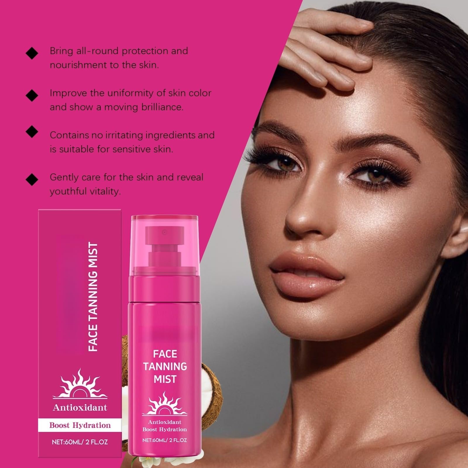 Selbstbräunender Gesichts-Spray, 60 ml, natürliches goldfarbenes Bräunungsspray, feuchtigkeitsspendend, antioxidativ, gleichmäßiger und heller Teint, schnelle Absorption, nicht fettend, langer Halt