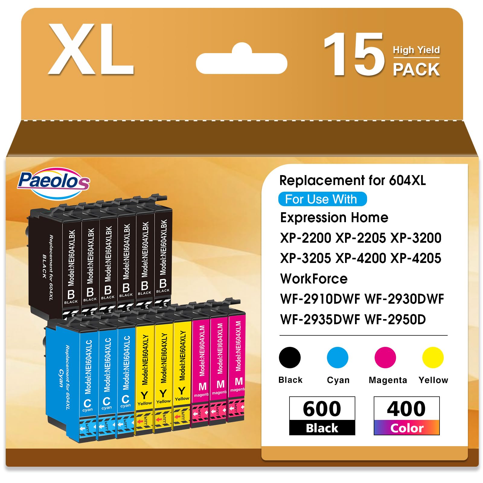Paeolos Reemplazo para cartuchos de impresora 604 XL compatibles con cartuchos Epson con Expression Home XP-3200 XP-3205 XP-4200 XP-4205 XP-2200 XP-2205, Workforce WF-2910 WF-2930 WF-2935 WF-2950