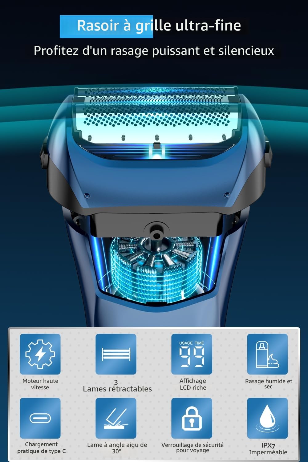 Rasoir Électrique homme avec 3 lames flexibles et étui de voyage, Rasoir Électrique Barbe avec tondeuse de précision, rasoir humide/sec, autonomie de 120 minutes, rechargeable, cadeaux pour hommes