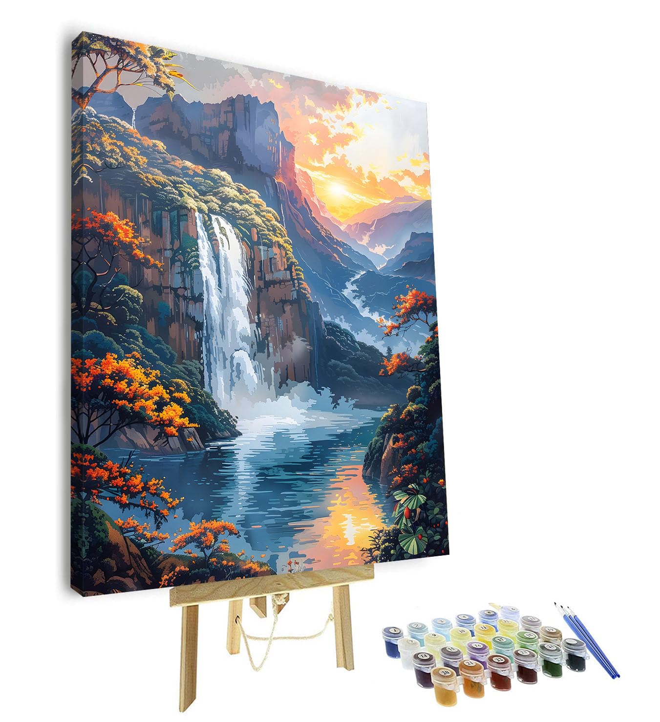 TISHIRON Color by Number for Adults, Paint by Numbers Kit for Adult - Waterfall Cascading Through Mountainous Landscape at Sunset, DIY Adult Painting Kits, Relaxing Arts and Crafts, 16x20In (Framed)