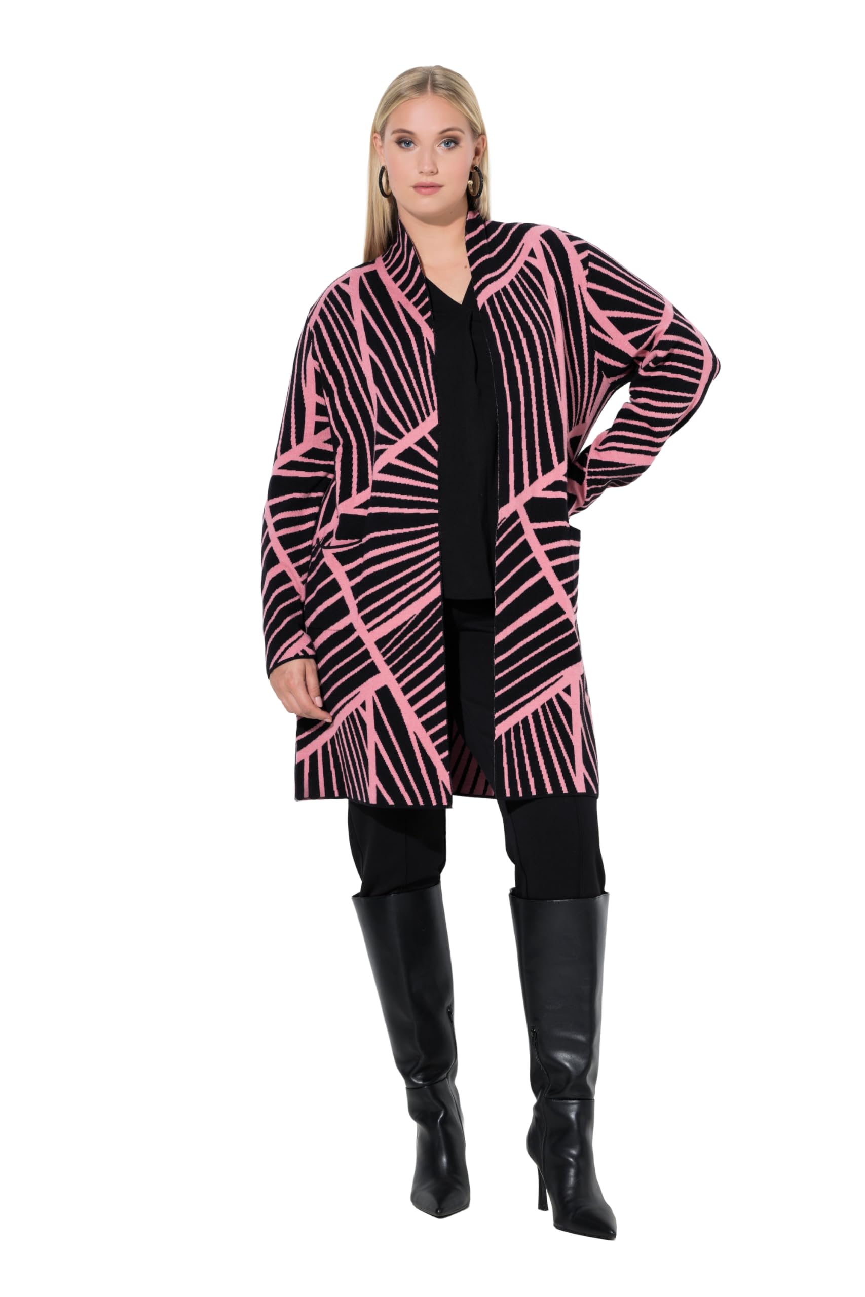Ulla Popken Damen große Größen Übergrößen Plus Size Long-Strickjacke, grafisches Muster, Schalkragen 845795