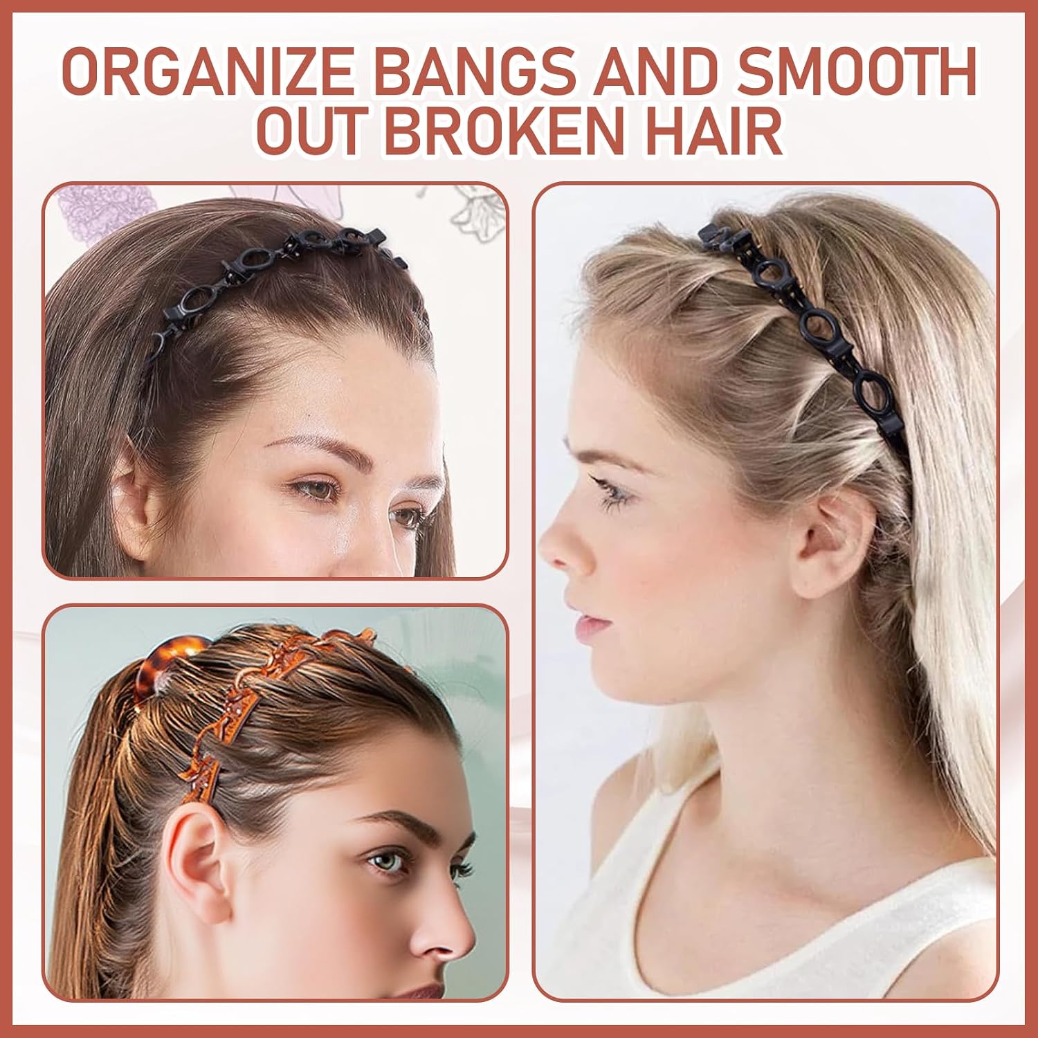 8PCS Headband with Clips, Toothed Hairband Braid Tool, Clip Headbands for Women Girls, Double Bangs Hairstyle Hairpin (2 Black, 2 Red, 4 Clip) image 4