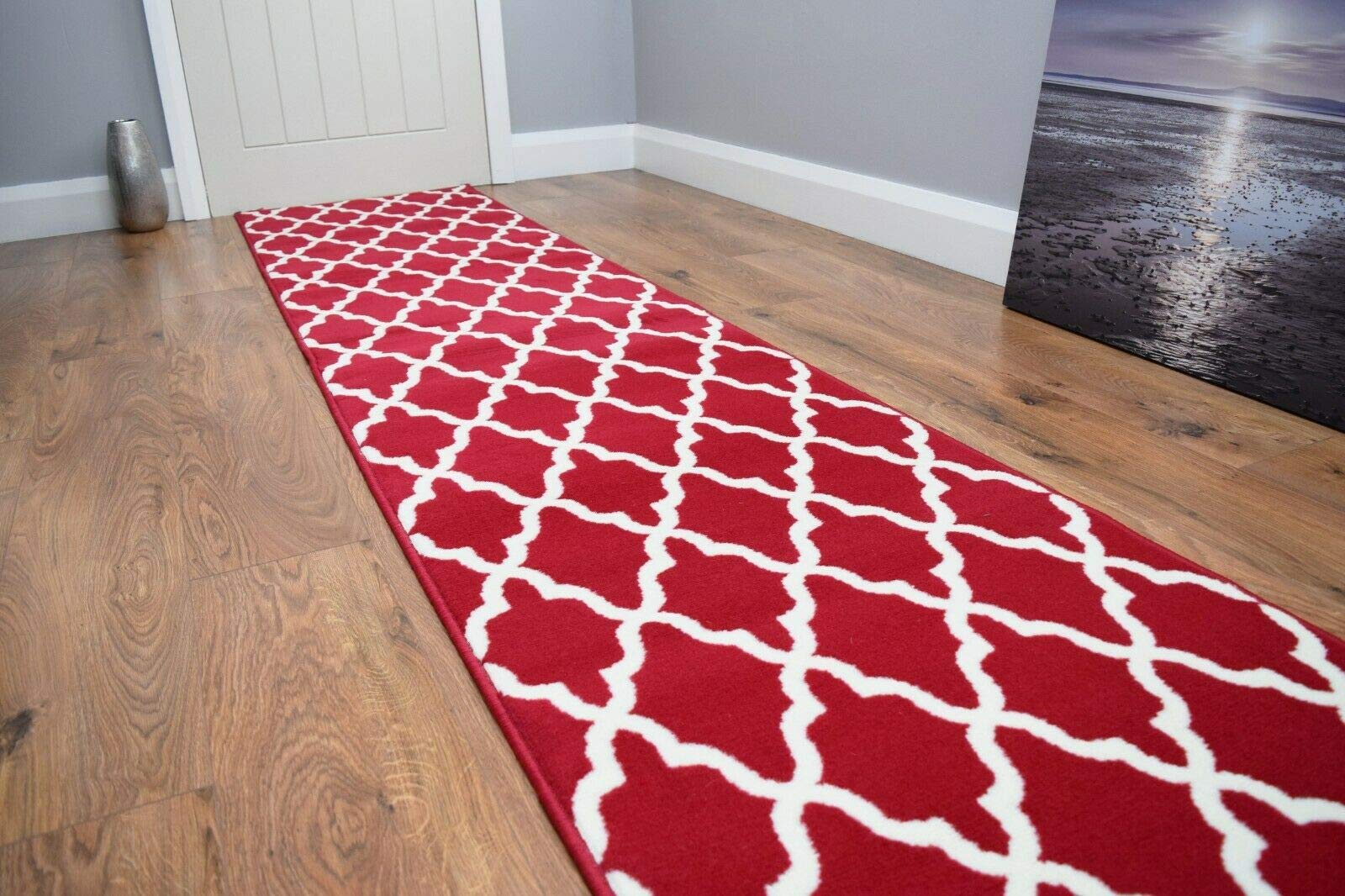 SrS Rugs® Luna Collection, Modern Long Carpet Runner Rug for Entrance Hall and Stairs. Smooth Soft 8mm Depth Pile. 70cm Wide. Any Length (Red Trellis, Length: 4' (122cm)) — image 1