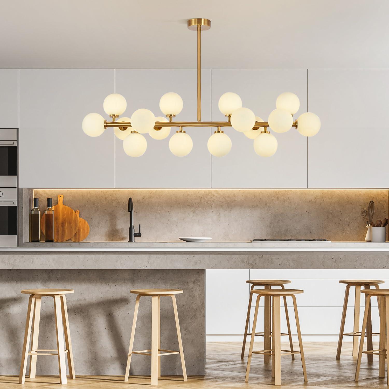 KCO Lighting Modern Glass Linear Pendant Light White Globe Chandelier Light Fixture Gold Rectangle Chandelier 16 Light Brass Globe Sputnik Dining Room Chandelier Mid Century Pendant Light