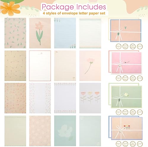 Miniatura 4 de Juego de 48 piezas de papel y sobres, bonito juego de papelería floral para escribir cartas, impresión de doble cara, kit de escritura de letras