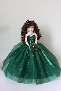 KINNEX COLLECTIONS SINCE 1997 18" Porcelain Quinceanera Umbrella Doll (Quince Anos) Centerpiece ~ KW18631-33 ~ (Emerald Green)