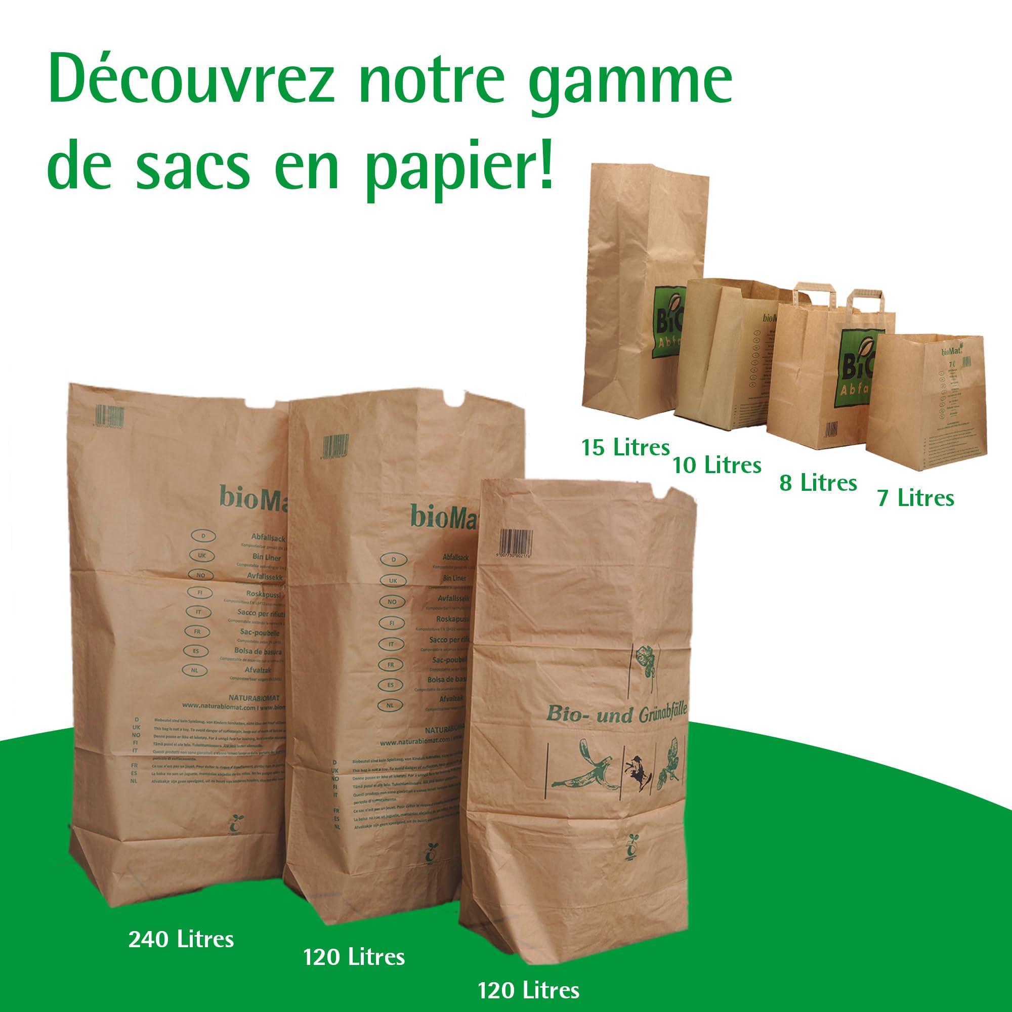 bioMat 240L Sacs Papier Compostables, 25 Sacs, 1 Couche, Certifiés EN 13432
