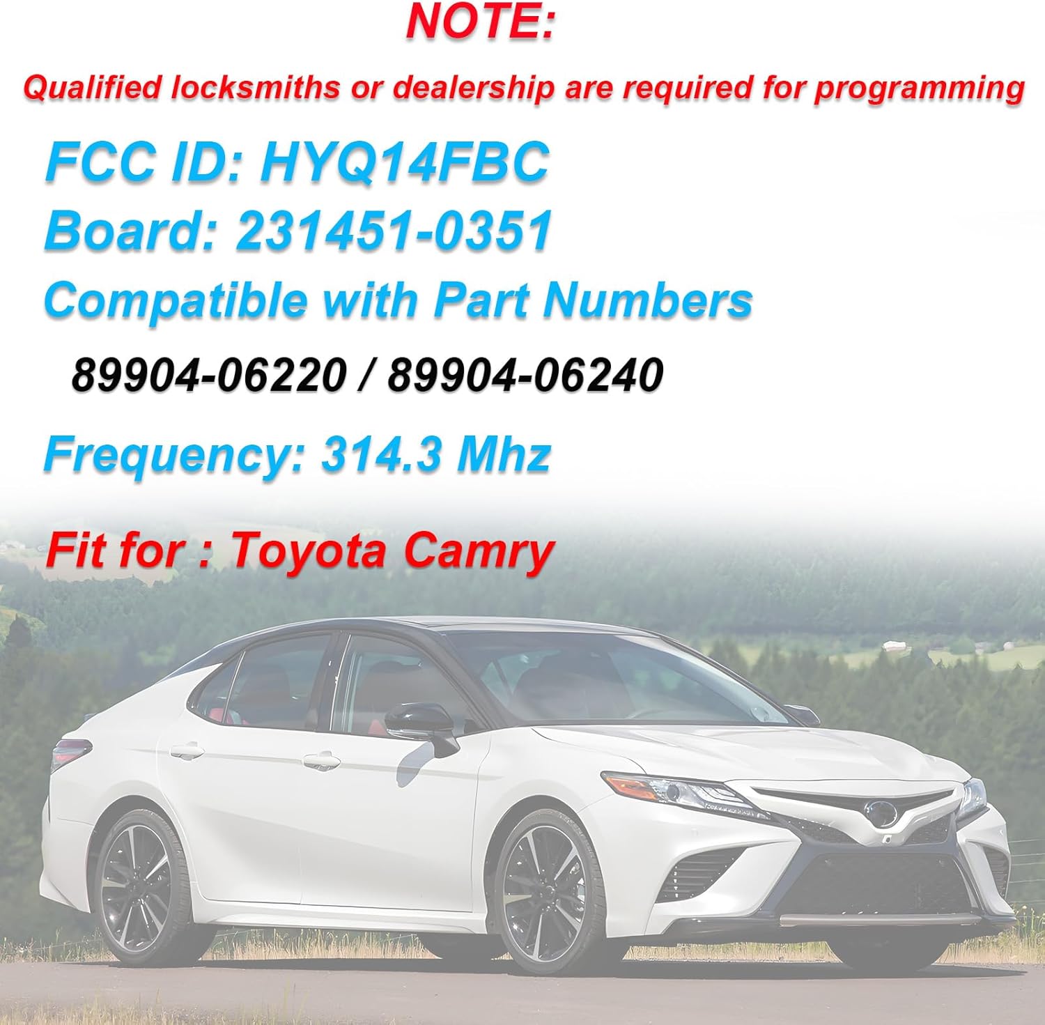 Keyless Entry Remote Smart Key Fob Replacemen Fit for Toyota Camry 2018-2023 FCC ID:HYQ14FBC 89904-06220 89904-06240 Car Key Remote Control 4 Buttons Board:231451-0351 314.3MHz