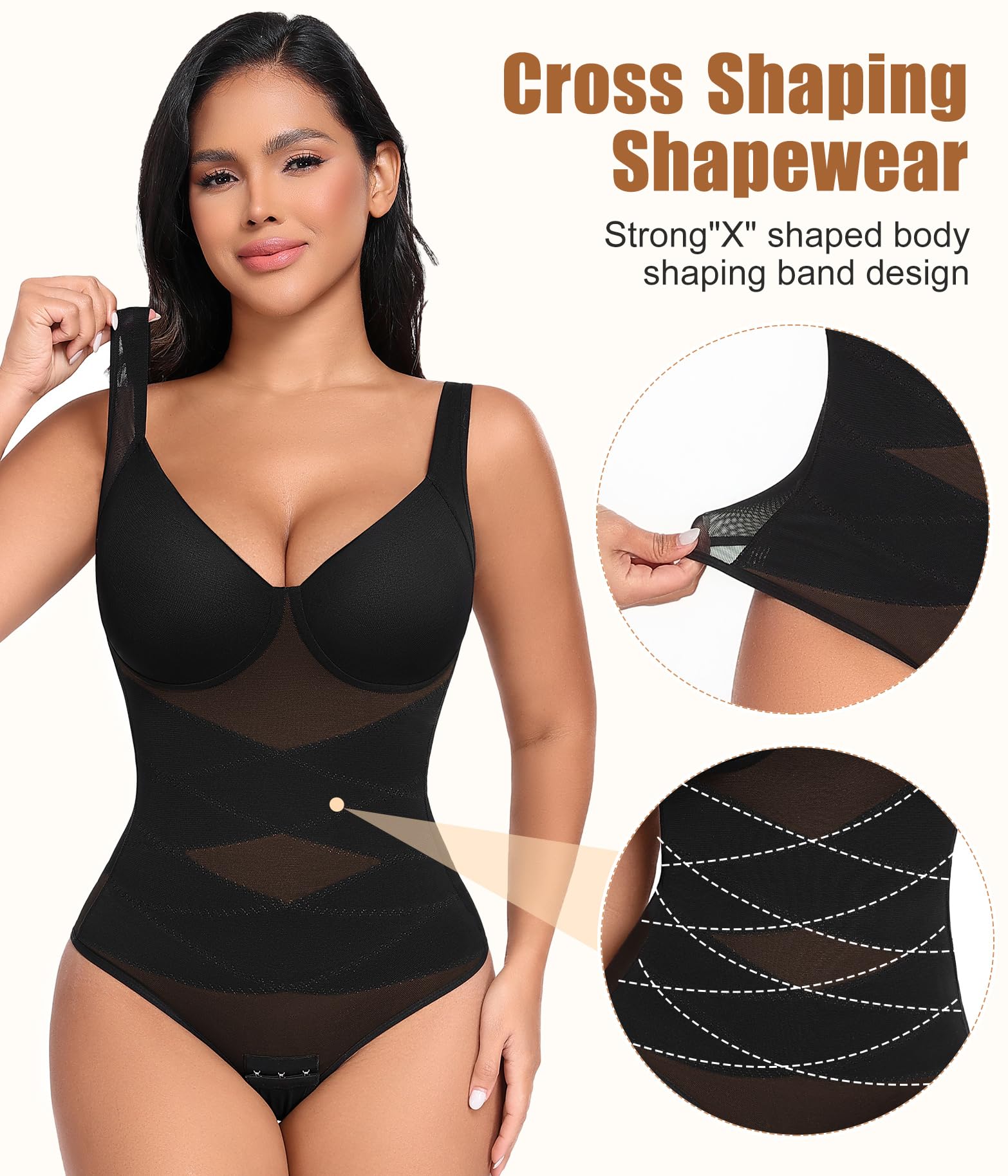 Niwicee Shapewear Damen Body Shaper Bauchweg Bodysuit Tanga Mesh Atmungsaktiv Shapewear V-Ausschnitt Formende Miederbody Figurformende Tank Top Jumpsuit Shaping mit BH