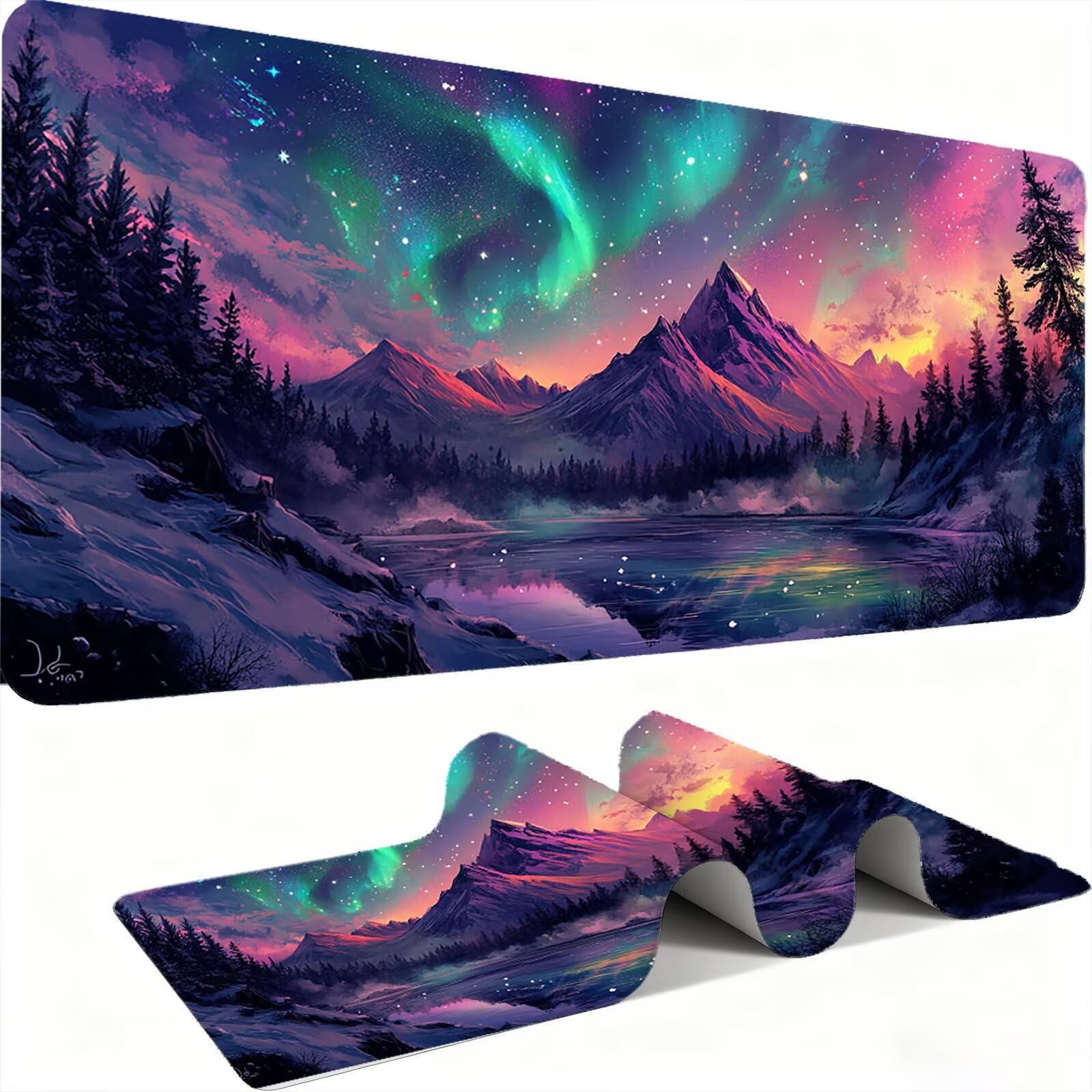 Podkładka pod mysz XXL krajobraz/zorza polarna 1200 x 600 mm duża podkładka pod mysz szyte krawędzie wodoodporna antypoślizgowa duże rozszerzone akcesoria na biurko do PC, przenośna poprawia