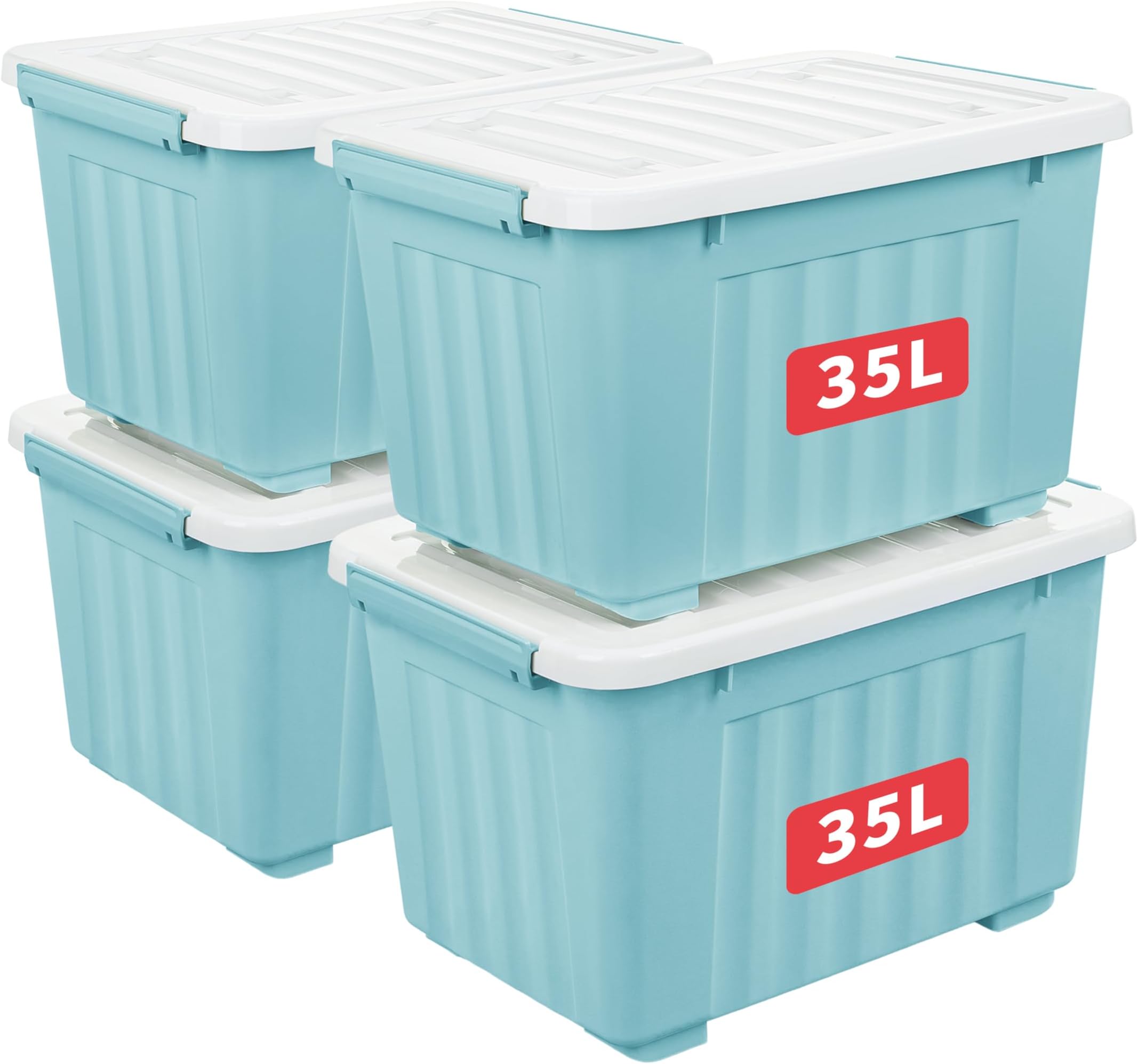 Cetomo 35L*4 Storage Boxes with Wheels, Plastic Storage Box with Lid, Latching Buckles, Click Closure, Stackable, Nesting, Durable Organizer for Home Office Clothes, Blue, 35L-4 Pack