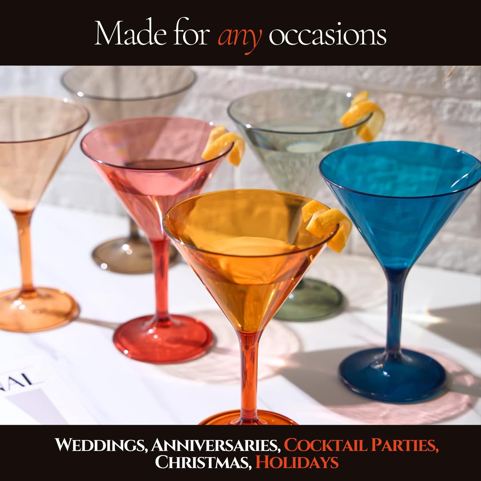 Lot de 6 verres en cristal en plastique de style européen, incassables, pour martini, cocktail | 100% acrylique Tritan incassable, colorés, sans BPA, réutilisables, pour extérieur, piscine et