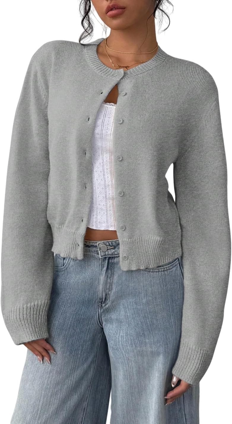 ZAFUL Cropped Cardigan Sweater for Women Long Sleeve Button Down Open Front Cardigans Lightweight Knit Outerwear