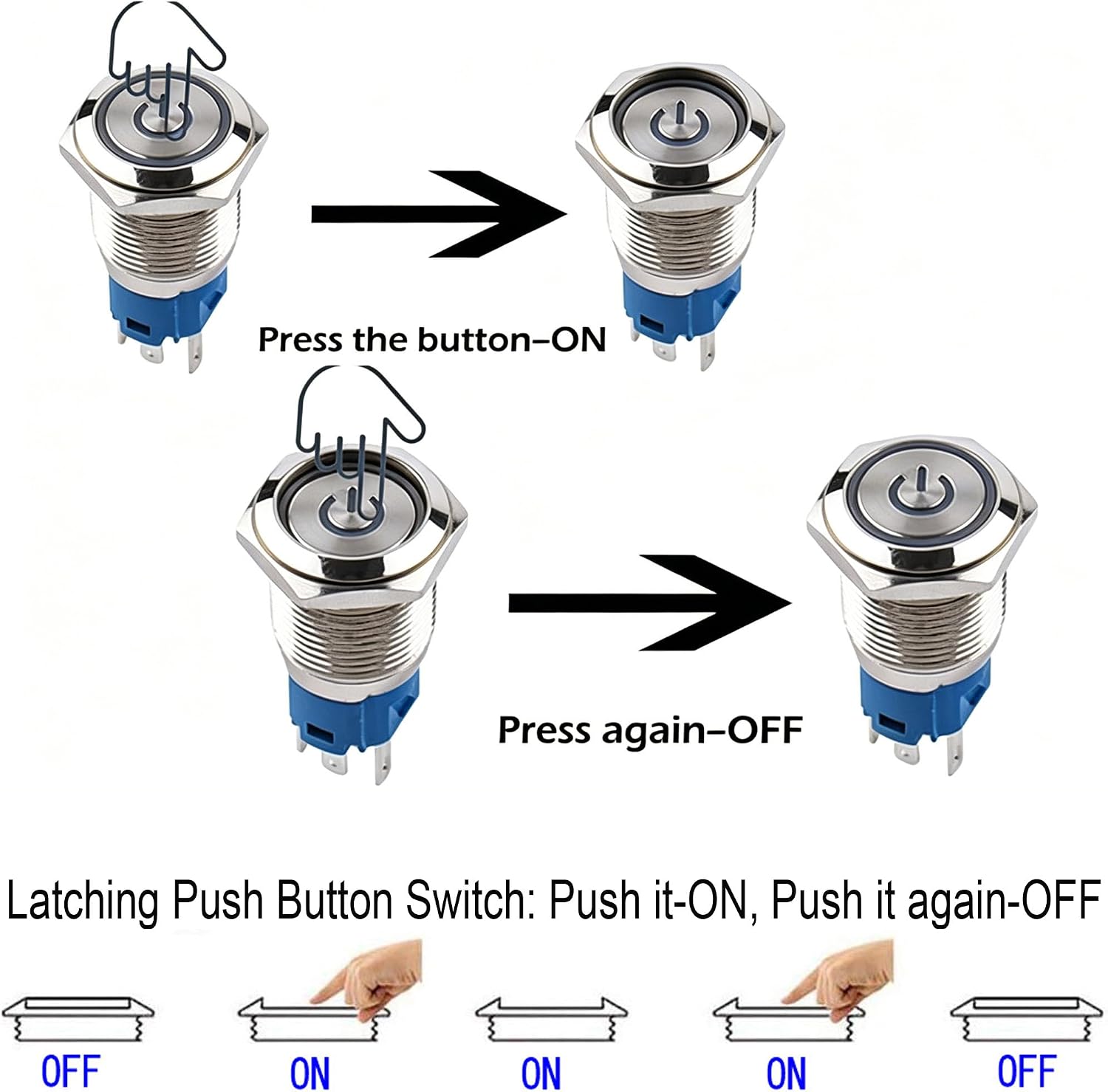 Gebildet 2 Pieces 0.63''/16mm Stainless Steel Latching Push Button Switch 12V-24V/5A Power Symbol LED 1NO1NC SPDT ON Off Waterproof Toggle Switch with Wire Socket Plug (Blue LED)