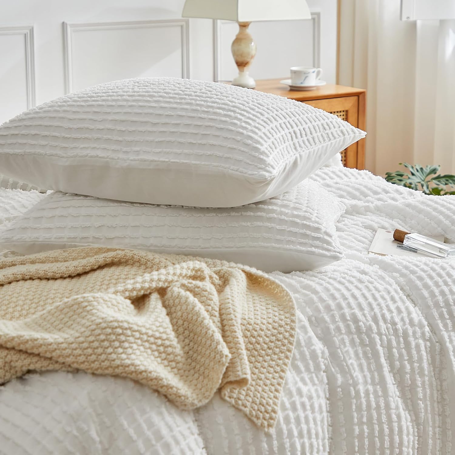 WARMDERN Boho Duvet Cover Set Queen Size,White Striped Duvet Cover Microfiber Bedding Set,3PCS Ultra Soft Breathable Lightweight Tuft Texture Pattern Duvet Covers with Zipper Closure(White,Queen) - Image 5