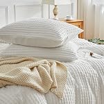 WARMDERN Boho Duvet Cover Set Queen Size,White Striped Duvet Cover Microfiber Bedding Set,3PCS Ultra Soft Breathable Lightweight Tuft Texture Pattern Duvet Covers with Zipper Closure(White,Queen)