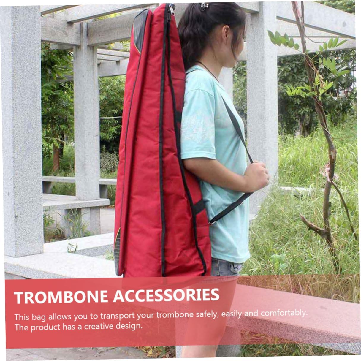 TOYANDONA Waterproof Thickened Oxford Cloth Trombone Bag Red, Portable Tenor Trombone Storage Pouch Shoulder Strap, Musical Instrument Organizer for Travel and Performance