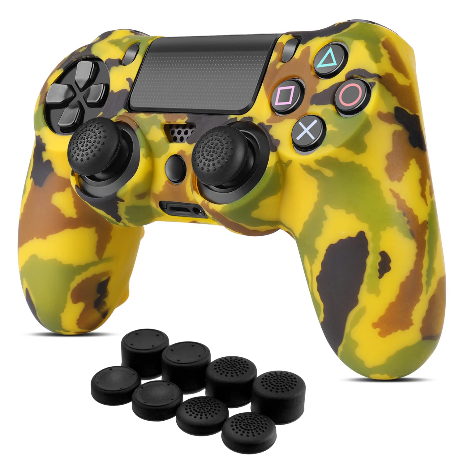 TNP for PS4 Controller Skin Cover Case - Camo Protective Soft Silicone Gel Rubber Shell & Anti-Slip Thumb Grip Caps Compatible with PlayStation Slim/Pro Controller (Camo Orange)