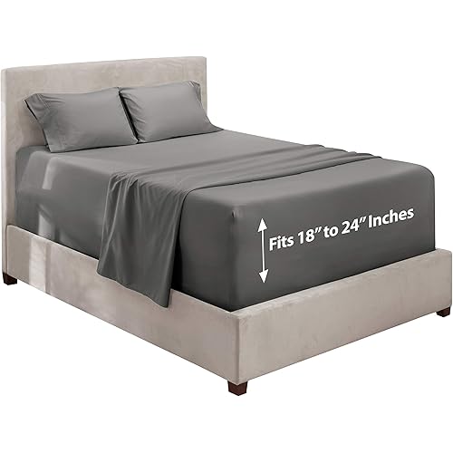 Hearth & Harbor Bed Linen Set - Queen Sheet Set, 4 Piece, Charcoal Stone Gray, Microfiber, Extra Deep Pocket, Fits Up to 24" Mattress, Luxury Soft Bed Sheet Set