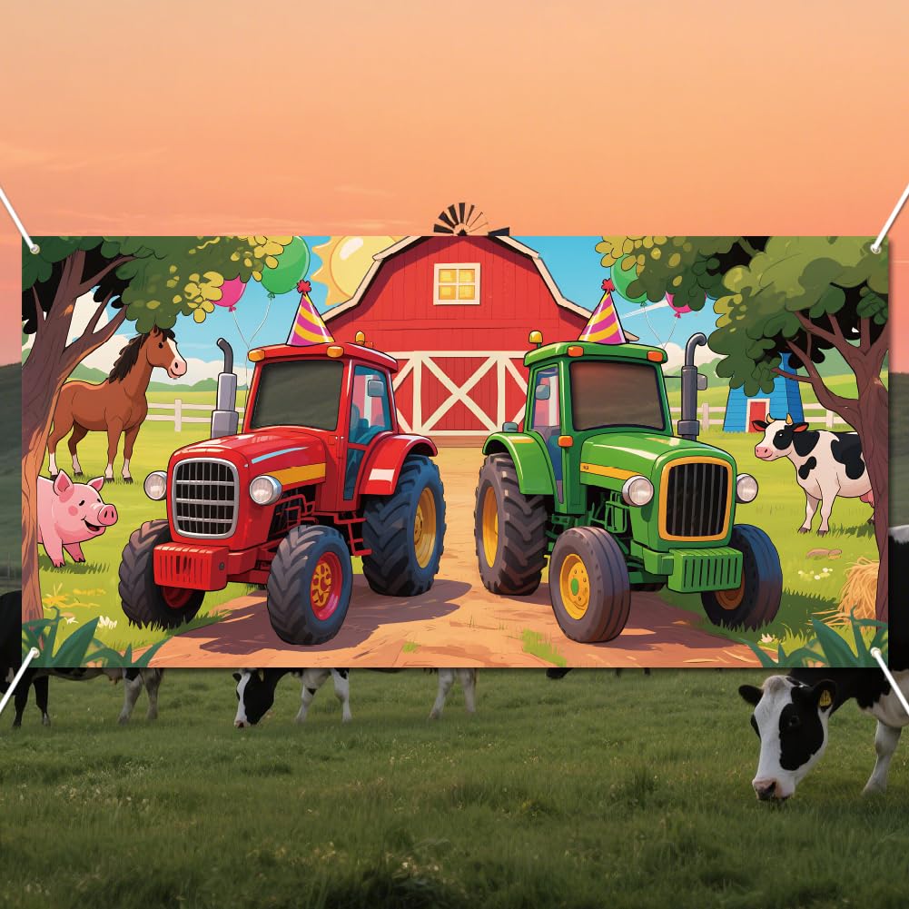 WADORN Farm Tractor Photo Banner for Party Decor, 5.9x2.9ft Tractor Animals Photo Door Backdrop Props Decor Farm Theme Large Fabric Photography Background Birthday Party Supplies for Indoor Outdoor — image 1