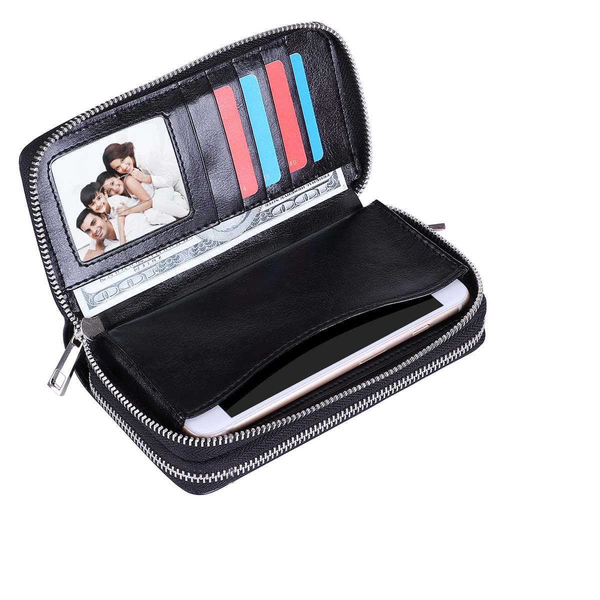 BANGBO PU Leather Clutch Wallet Purse With Double Zipper Card Slots Portable Handbag for Women, Black