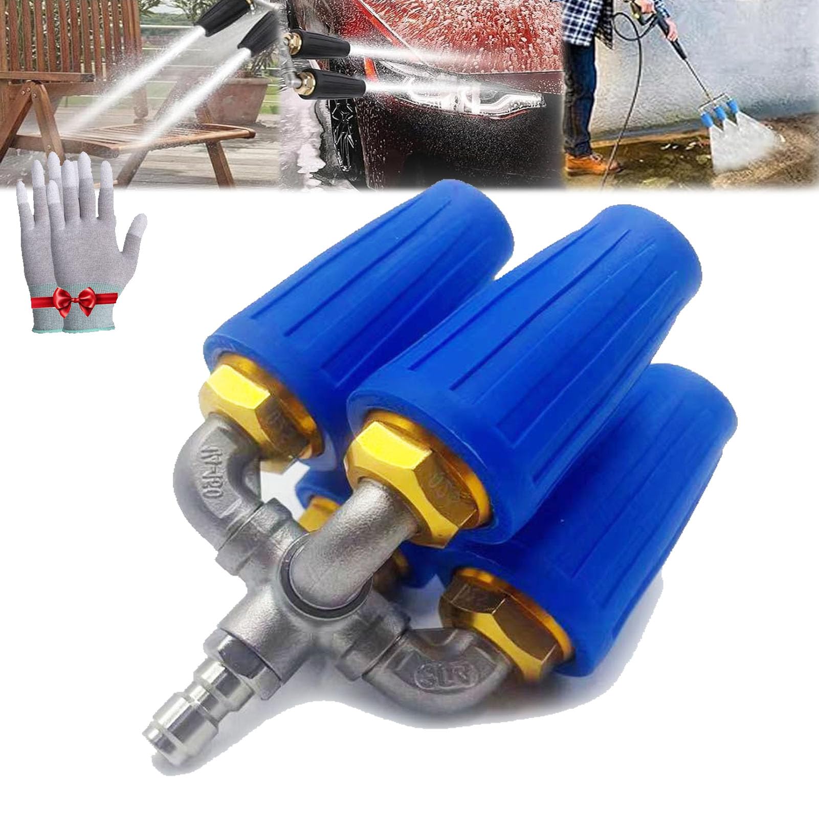 Twin/Triple Turbo Nozzle, Triple Turbo Nozzle Pressure Washer, 360° Rotating Turbo Nozzle for Power Washer with 1/4" Quick Connector, 4-6 GPM, 4000 PSI, Orifice 2.0 (Blue-Four)