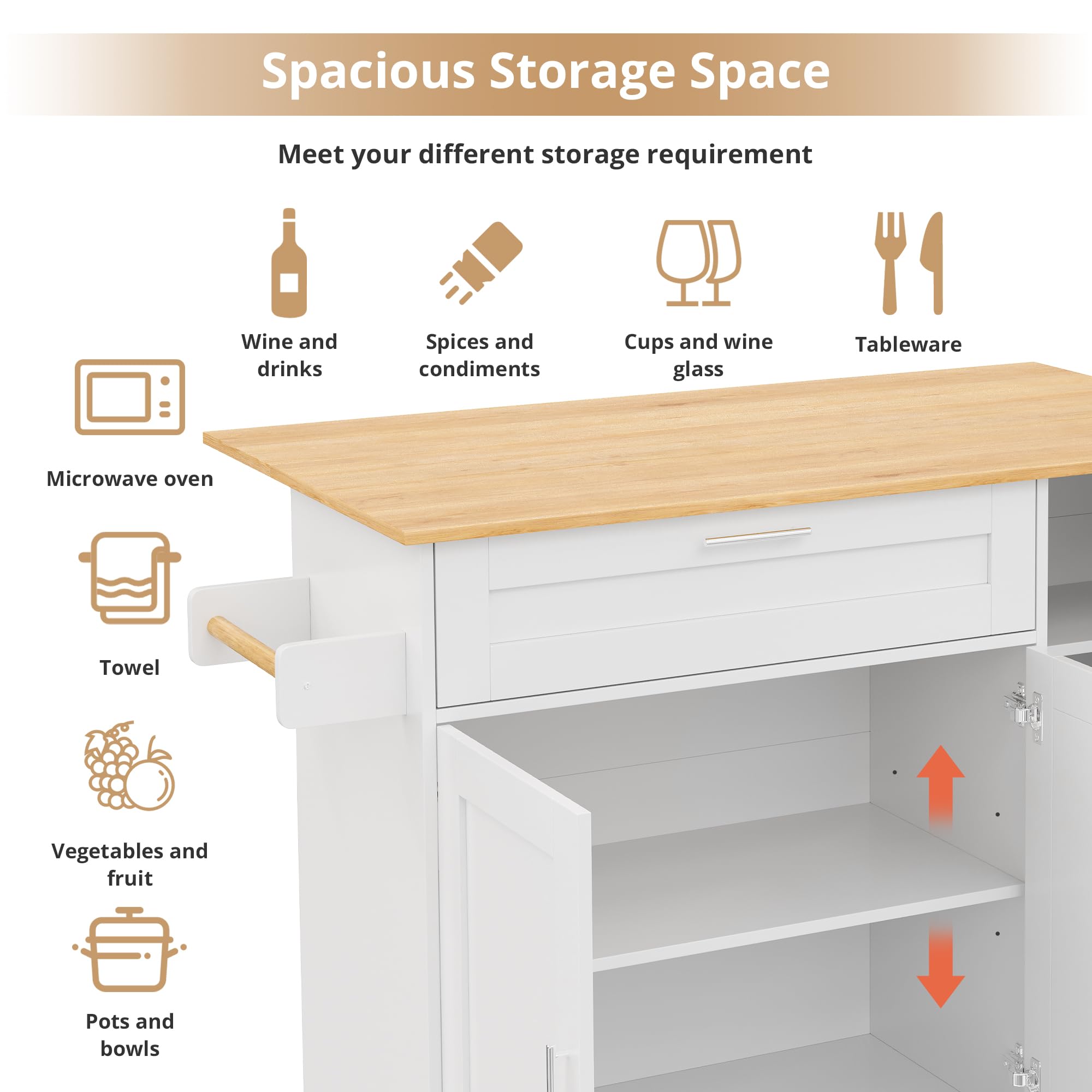 ISCBAFYX Cucina Mobile Multifunzionale con Piano di Lavoro Pieghevole in Legno di Quercia 132,5x44x90 cm 5 Ruote girevoli Elegante Armadio per la casa e la Sala da Pranzo