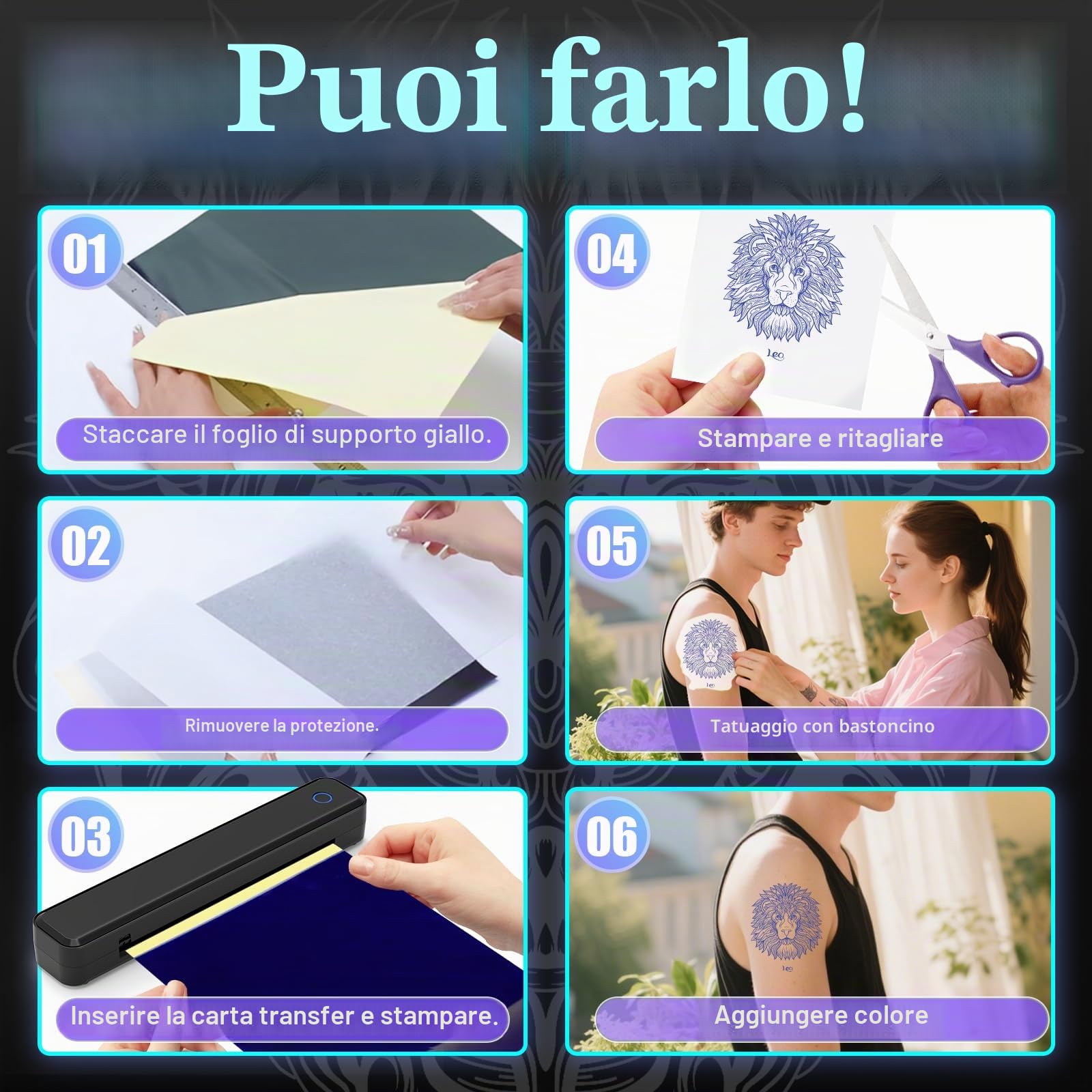 Joyzan Stampante Stencil Tattoo, Stampante Termica Tattoo di Trasferimento Termico 20 Fogli Carta Tatuaggi Temporanei Personalizzati Macchine da Stampa per Phone PC Bluetooth USB Artisti Principianti