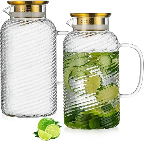 Miniatura 8 de Jarra de vidrio Buaic con tapa, paquete de 2 unidades, jarra de agua vintage de 68 oz/2 litros, jarra de agua de vidrio de borosilicato transparente