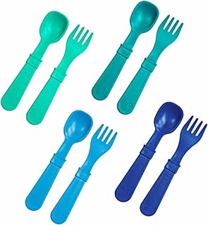 Re-Play Toddler Forks and Spoons Set - 4x4 Utensils Set for Kids - Dishwasher and Microwave Safe - Made in USA - Set of 8-5.8" x 1.2" x 0.2" - A True Blue