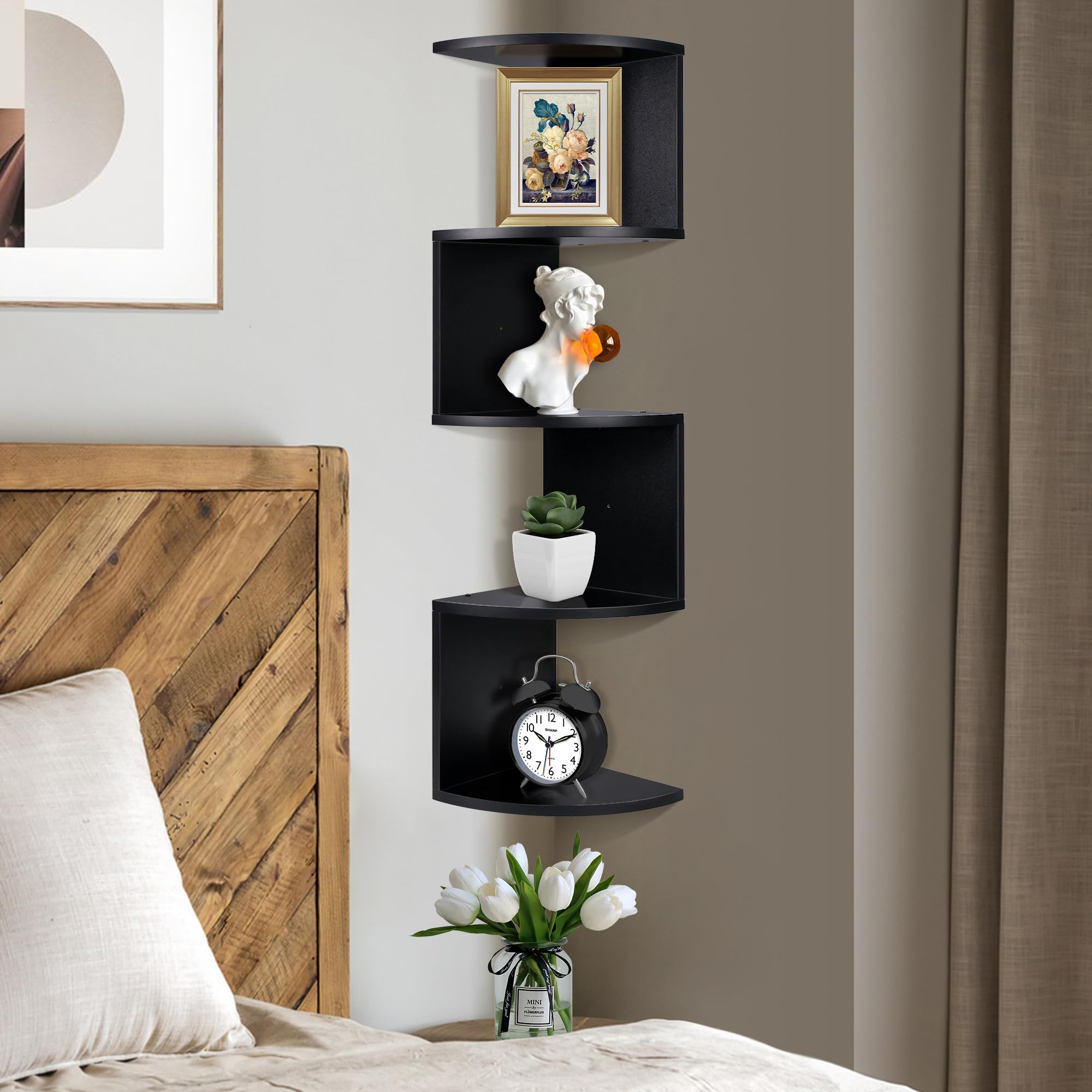 Renook 5-Tier Corner Shelves, Floating Corner Wall Shelf, Corner Bookshelf, Easy-to-Assemble Wall-Mounted Display Storage Shelves, Suitable for Bedrooms, Bathroom, Kitchen, Offices, Living Rooms