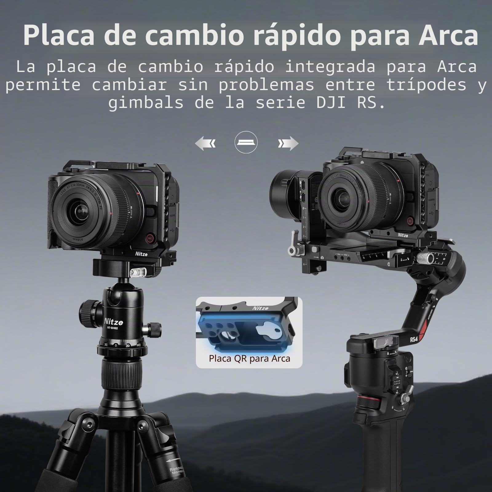 Nitze R50V Jaula para Canon R50 V, Cage para Cámara con Adaptador de Zapata Fría y Empuñadura Ergonómica de Silicona Integrada, Liberación Rápida para Arca, Compatible con Disparos Verticales - T-C07A